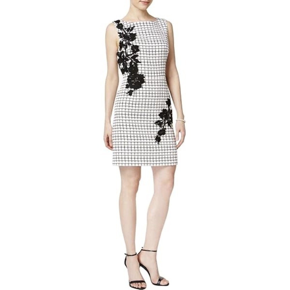 Betsey Johnson Black White Gingham Floral Applique Sheath Dress Women's size 2